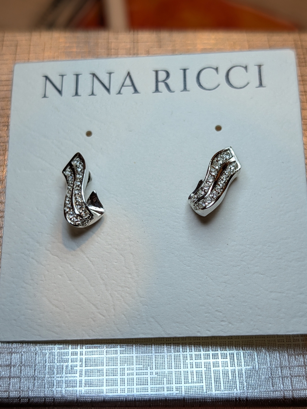 Nina Ricci Silver Crystal Wave Stud Earrings New